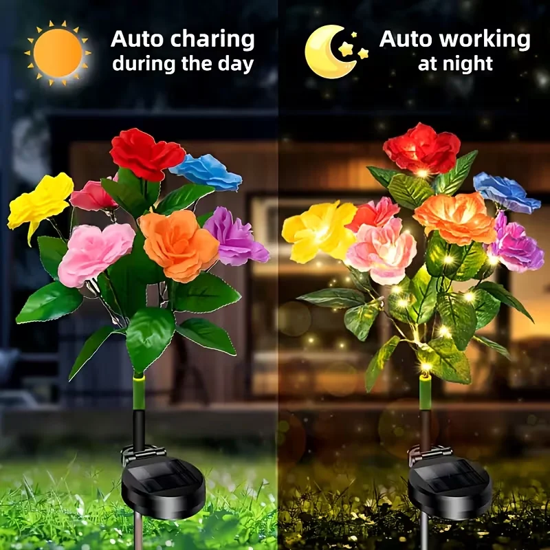 Solar 7-colour Rose Lanterns, LED Outdoor Solar Garden Lights, Courtyard Garden, Path, Lawn Valentine's Day Decorations