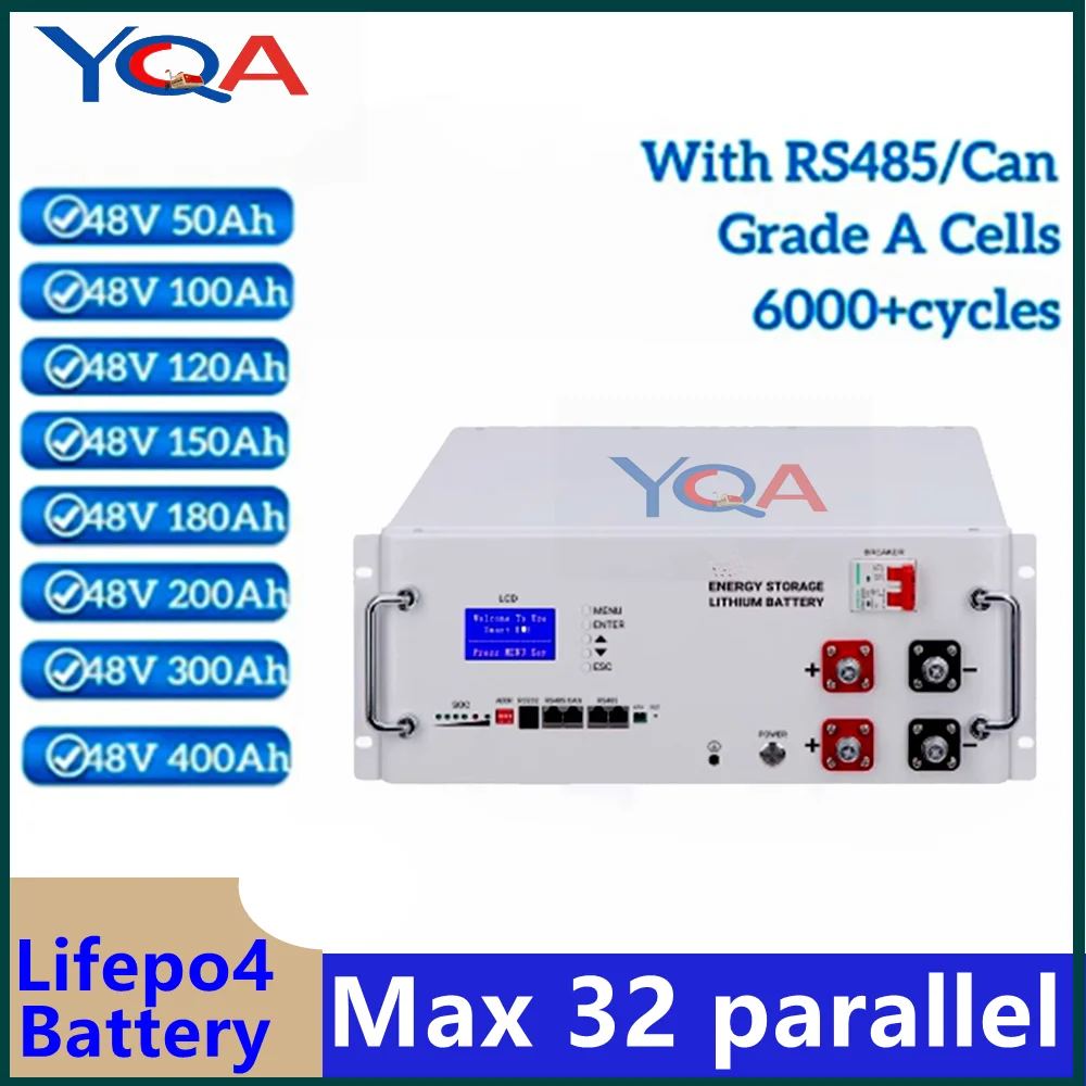 48V 200Ah 10KWh Lifepo4 50Ah 100Ah 120Ah 150Ah 180Ah 300Ah 400Ah PV Solar System Battery Max 32Parallel with CAN RS485 RS232