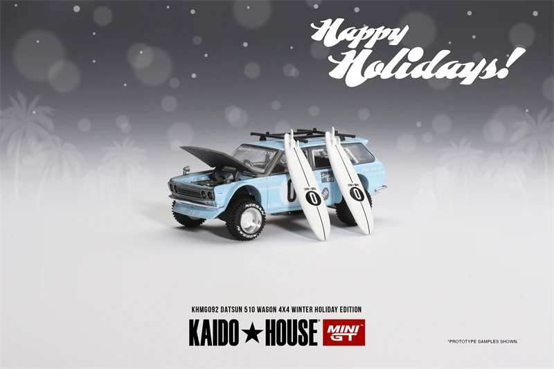 KAIDO HOUSE MINI GT KHMG092 1/64 DATSUN 510 WAGON Winter Holiday Edition Surfing Die-cast alloy car model collection gifts