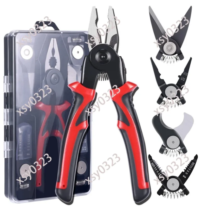 

5-in-1 Interchangeable Pliers Set, Multifunctional Hand Tools, Combination of Cutting, Stripping, Crimping and Nose Pliers