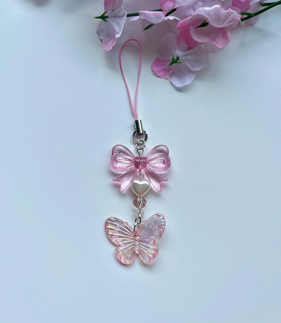 Kawaii Pink Coquette Butterfly+Bow Pendant Bag or Wallet Pendant | Beautiful, Fashionable | Pink Phone Pendant | Gift for Her