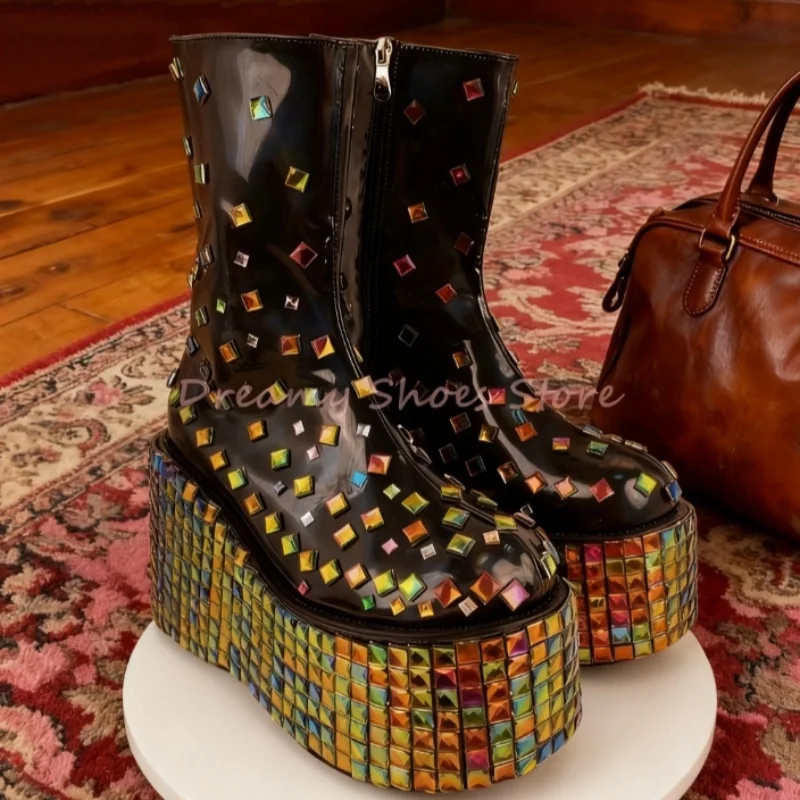 

Shiny Rhinestone Platform Wedges Ankle Boots Women Side Zipper Gemstone High Heel Bling Boots Luxury Fashion Party Ladies Shoes