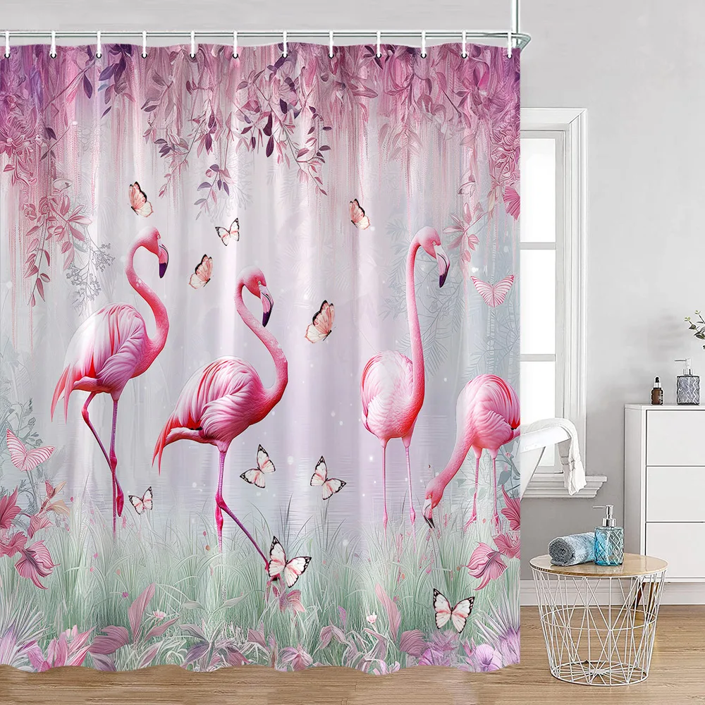 Pink Flamingo Shower Curtain Butterfly Watercolour Leaves Tropical Jungle Plant Bathroom Curtains Fabric Home Decor with Hooks