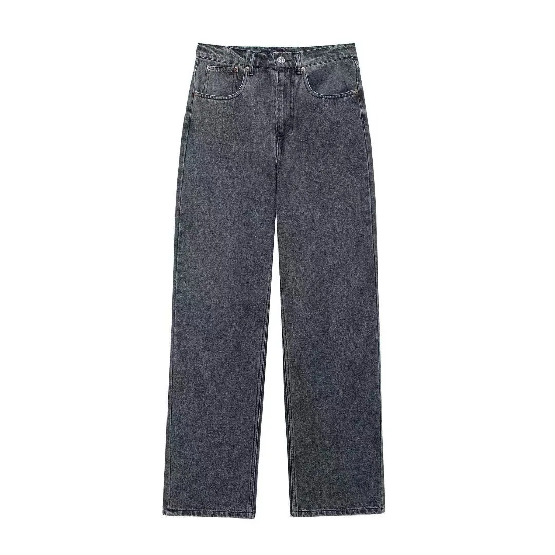 Japan and South Korea Casual Straight Leg Jeans, Women Four Seasons New Fashion Loose and Comfortable Washed Edge Grinding Jeans
