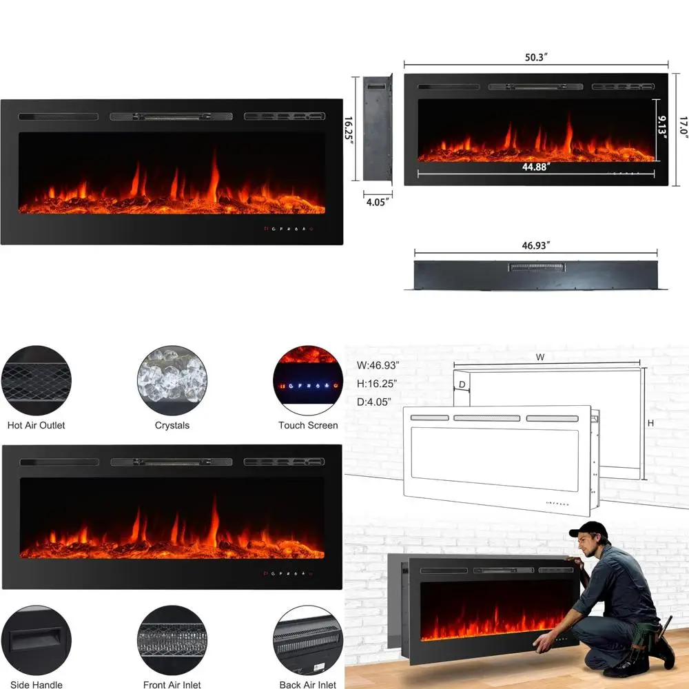 50 Wall-Mounted Electric Fireplace with LED Flames, Remote & Touch Controls - CharaVector Modern Home Heater