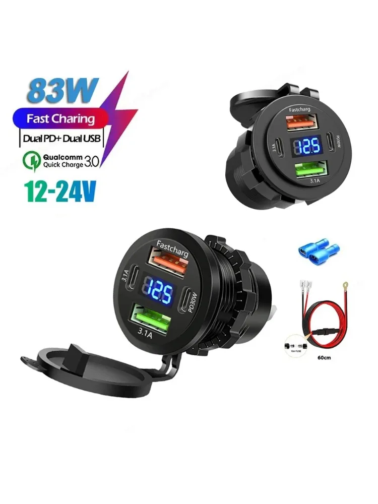 Auto-Ladegerät-Buchse, Dual Typ C und Dual-USB, 4 Ports, Schnellladebuchse, wasserdicht, mit Voltmeter, 12 V/24 V, für Auto, Boot, Motorrad