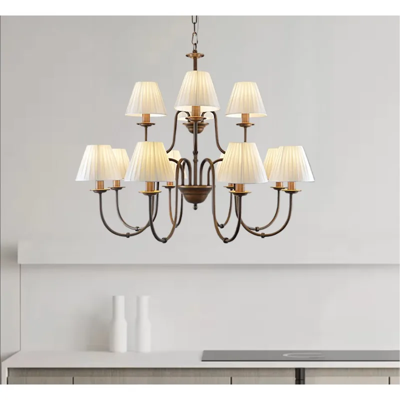 

European American Classic Country Wrought Iron Chandelier Fabric Lampshade Living Room Bedroom Dining Room
