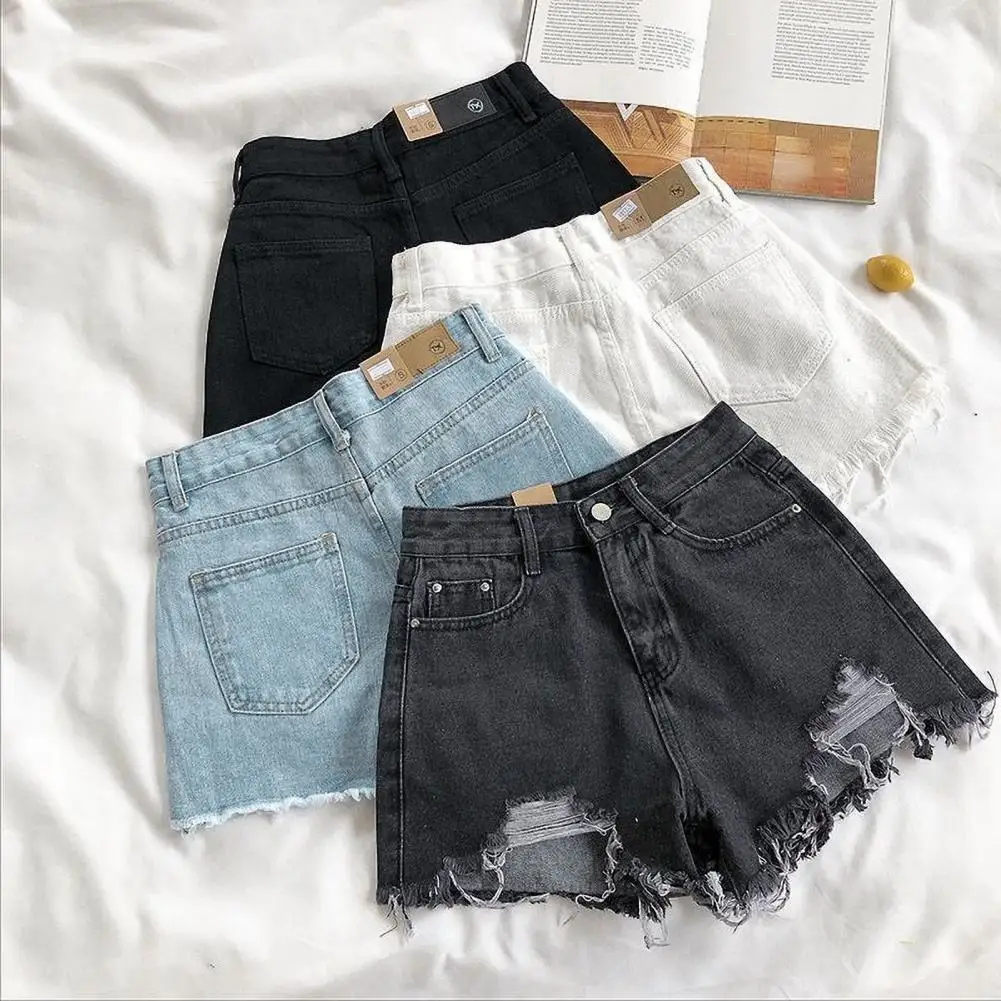 Korean Style Ripped Women Denim Shorts High Waist A-line Utton Zipper Closure Knee Length Ripped Jeans Summer Denim Shorts 80%