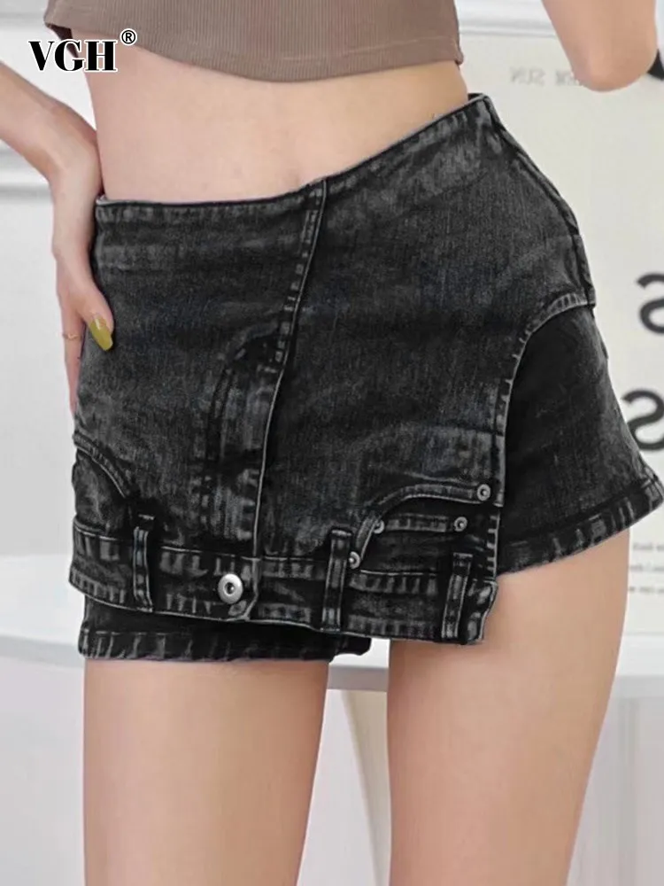 

VGH Irregular Denim Casual Shorts For Women High Waist Patchwork Button Asymmetrical Hem Solid Short pants Female Summer Fashion