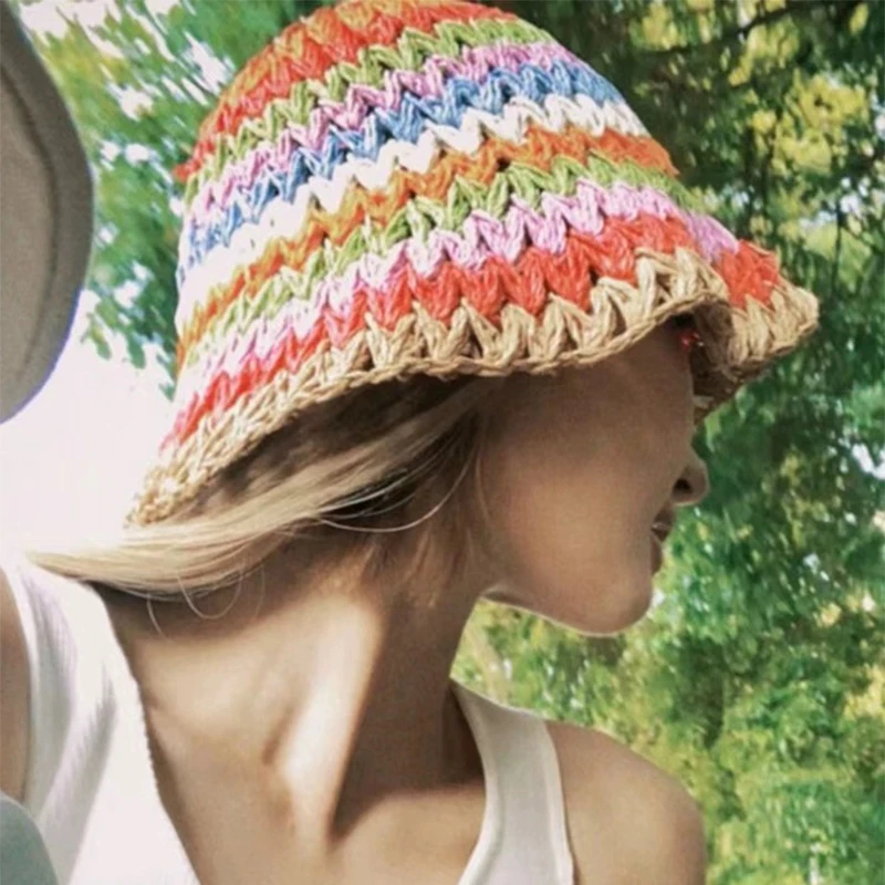 Straw Plaited Article Rainbow Bucket Hats Beach New Women Travel Sunshade Outdoor Breathable Versatile Casual Fashion Straw Caps