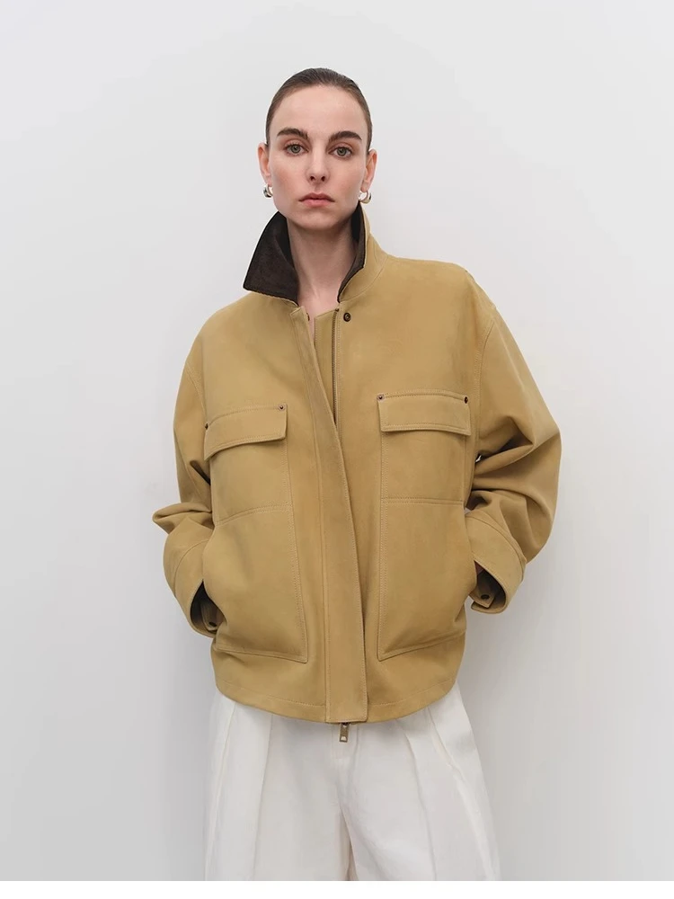 빈티지 짧은 정품 가죽 자켓 여성 봄 가을 하이 엔드 간단한 대비 코듀로이 옷깃 디자인 진짜 염소 가죽 스웨이드 코트