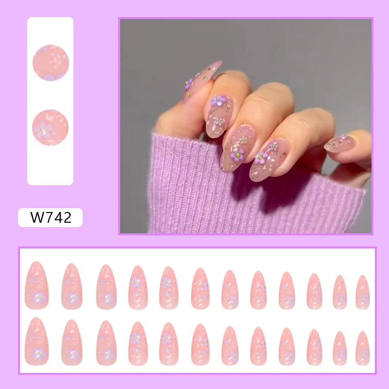 Gold Foil Decor Pink Almond False Nails Natural Unbreakable Nail Simple Wear for Manicure Lovers and Beauty Bloggers