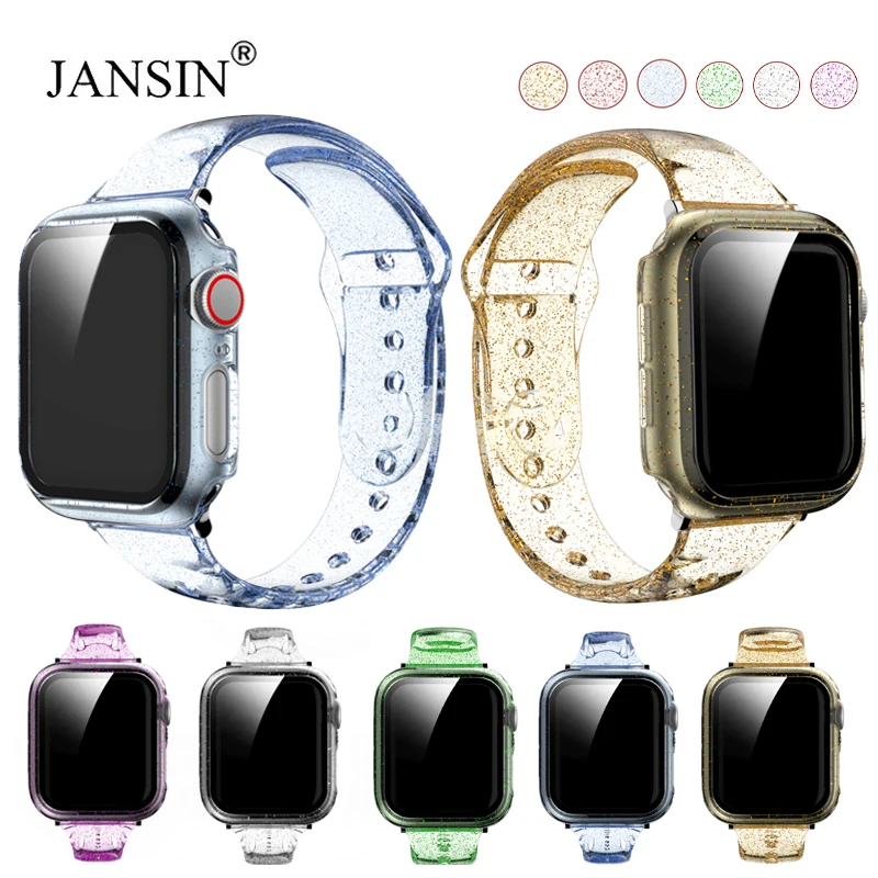 

Glitter Strap+Tempered Glass Case For Apple Watch band 42mm 38mm 40mm 44mm Transparent Slim Silicone Bracelet iWatch SE 6 5 4 3