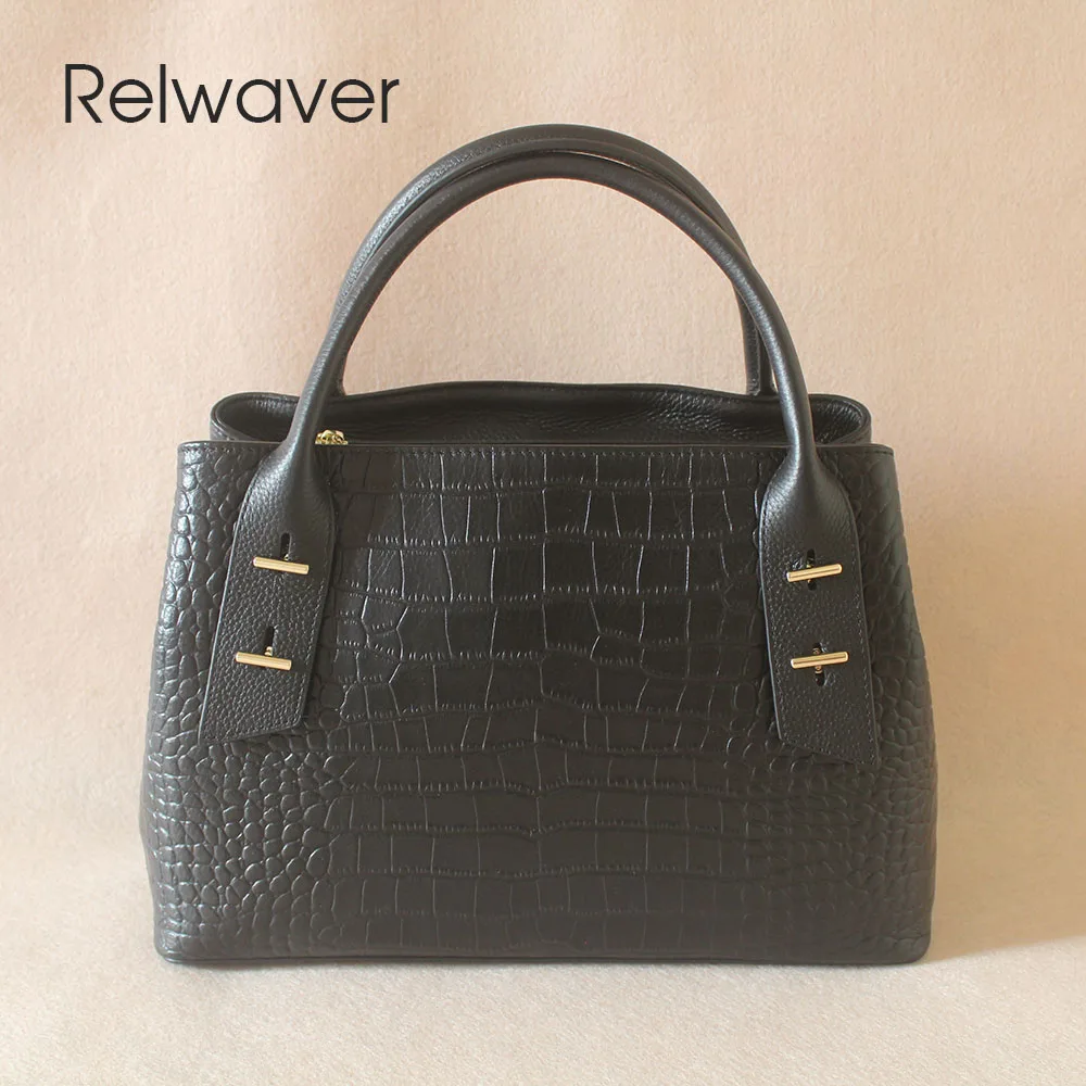 Relwaver crocodile pattern cow leather handbag genuine leather shoulder bag for women 2023 autumn winter commute ladies tote bag