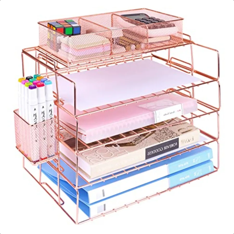Vassoio per lettere Organizzatori di file di documenti da scrivania a 4 livelli Organizzatore di carta con portapenne Vassoio portaoggetti in rete a 3 scomparti carino Home Offi