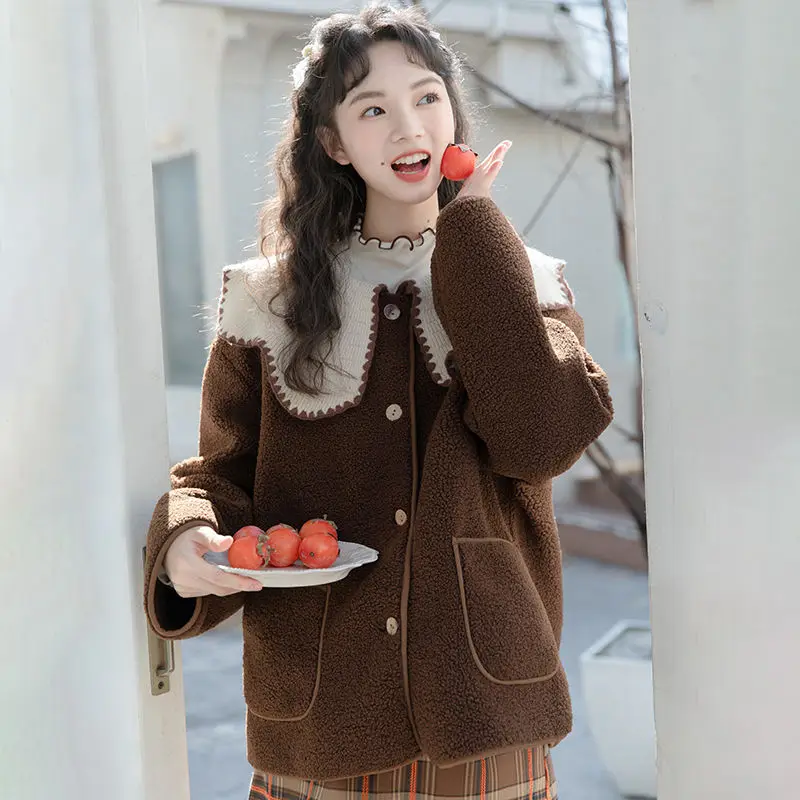 Coat Doll Collar Lamb Plush Patchwork Japanese Style Retro Small Fragrance Style Women Autumn And Winter Loose Korean Style Top