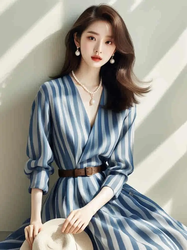 New Women's Clothing Niche Non Collision Style Super Beautiful V-neck Cinched Waist Blue Striped Shirt Dress