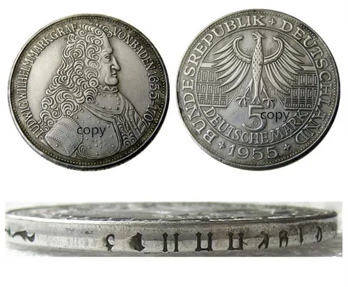 Germany, Federal Republic, 5 Mark, 1955 G Silver Plated Copy Coin