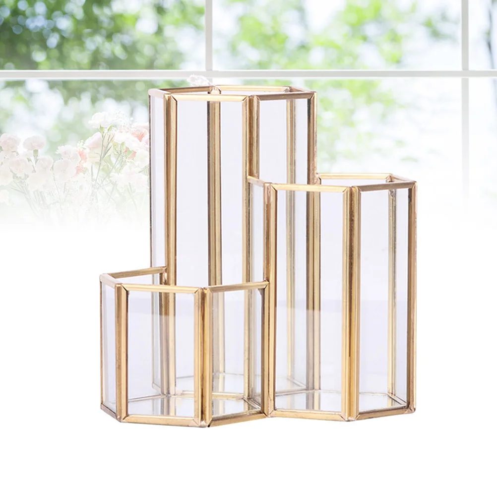 Glass Pen Container Hexagonal Nordic Gold Desktop Pencil Holder Pen Organizer Portable Pencil Container