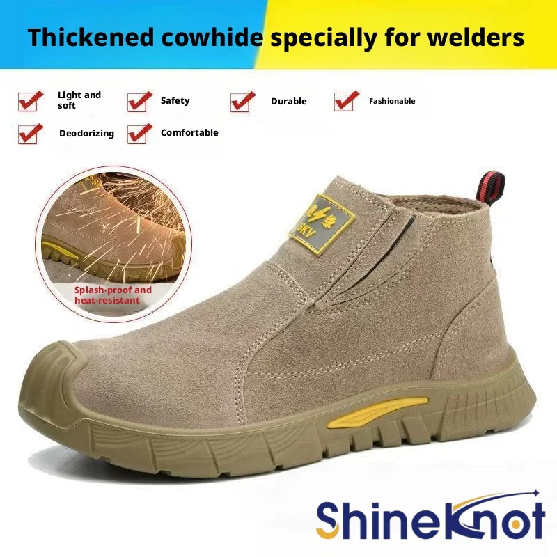 SHINEKNOT Labor Protection Shoes With Anti Smashing And Anti Stabbing Steel Toe Caps Cowhide Anti Scalding And Wear-Resistant