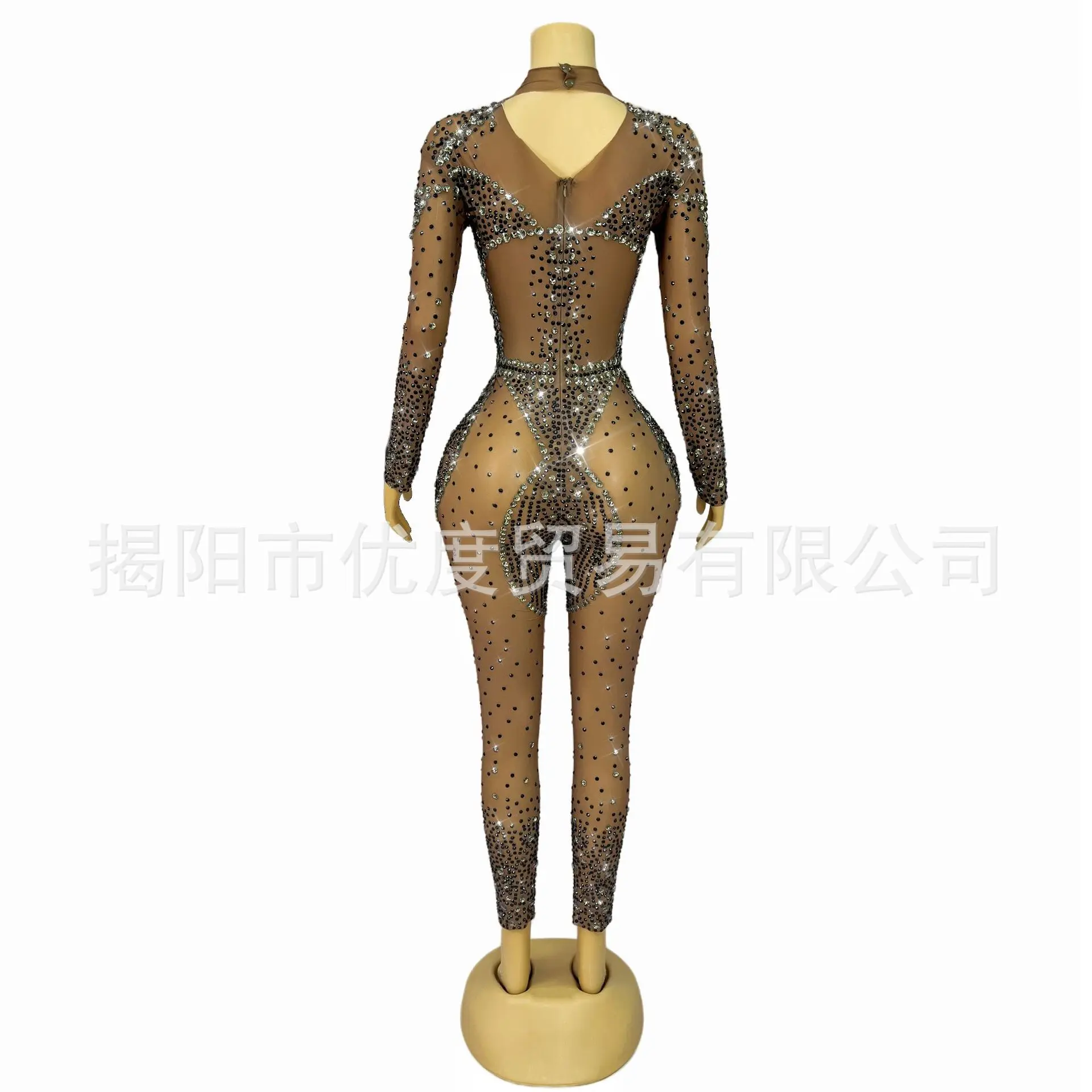 Long Sleeve Shiny Perspective Glam Rhinestone Birthday Reception Party Performance Night Stage Jumpsuit Cuttlefish Show Costumes