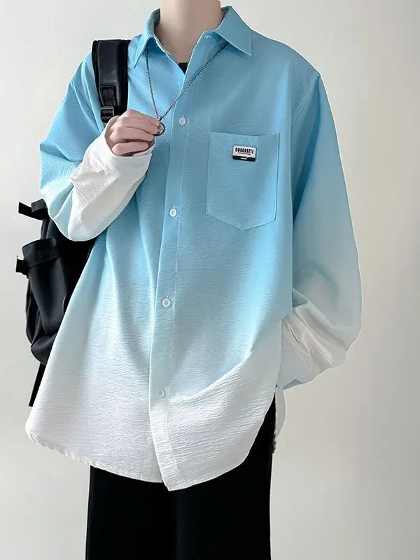 Gradient Long Sleeve Casual Loose Men's Shirt American Trendy Brand Versatile Summer Outerwear for Youth Polyester Fiber