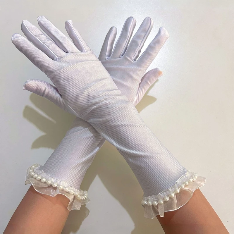 Elegant White Long Satin Pearl Ruffled Gloves Bridal wedding Dress Accessories Evening Party Costume Mittens Photo Shoot Props