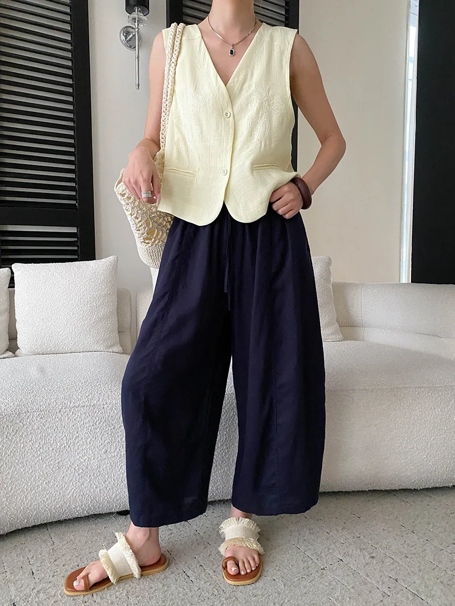 Sommerliche High-Waist-Hose mit weitem Bein für Damen, lässige, einfarbige, locker sitzende Hose – Detail 14