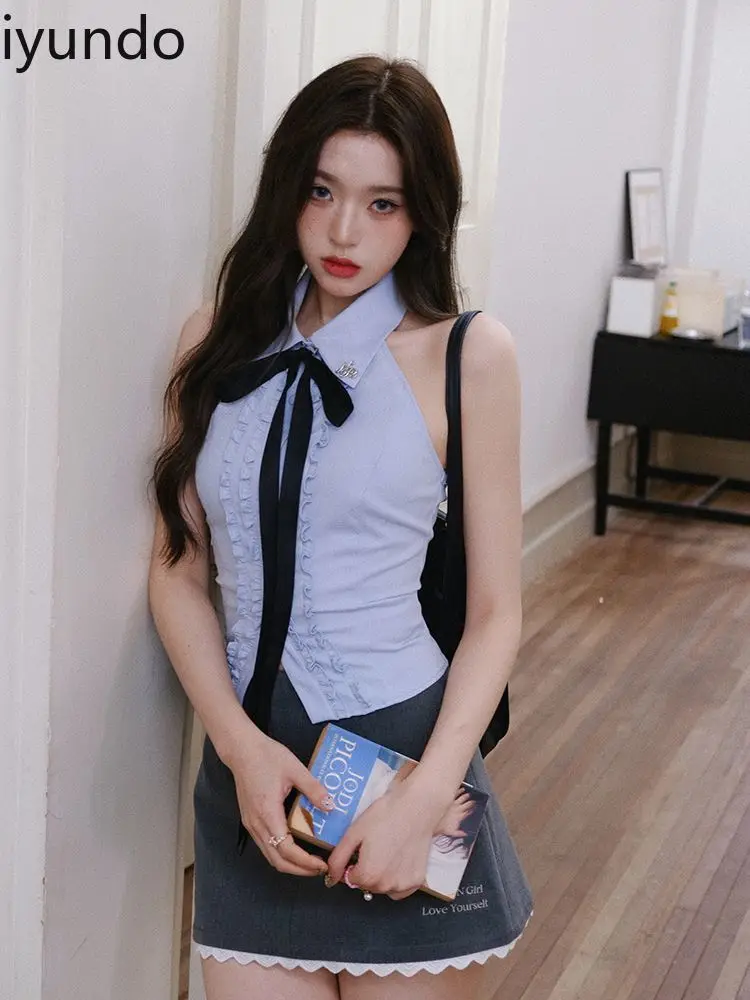 Blue Lace Crop Top Tie-Front Design + Gray Off-Shoulder Bodysuit Sweet & Spicy Cute Two-Piece Collegiate Style Girls' Outfit