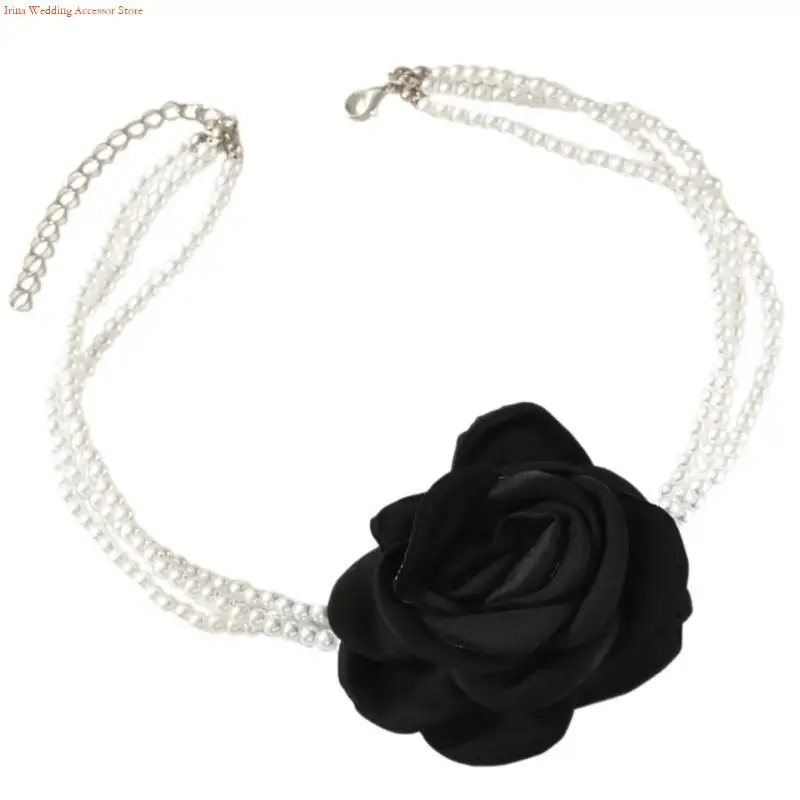 G92D Retros Modern Pearls Necklace Trendy Unique 3D Flower Decoration Necklace for Versatiles Wear