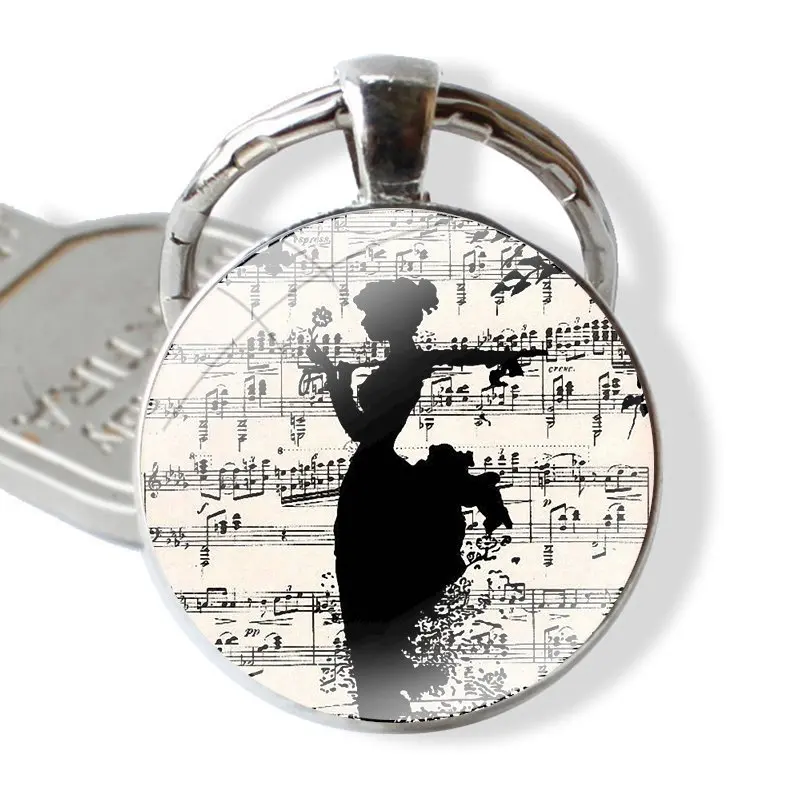 Great Art book Old newspaper sheet music notes 25mm Glass Cabohcon Keychain Key Rings for Women Men Jewelry Gift Design