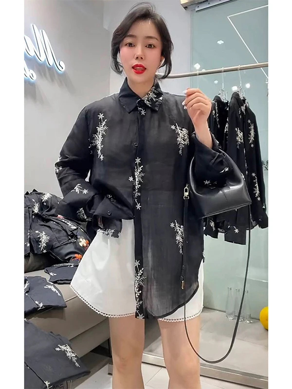 كتان ثقيل الوزن أنيق للنساء من irt متوسط الطول كاجوال irt كوري Sle طويل Sve بتفاصيل أزرار وتصميم مطرز #1