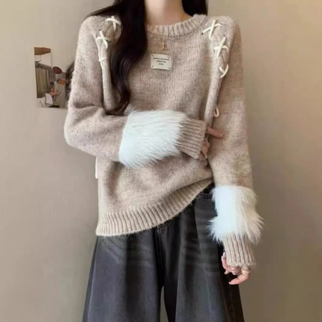 2024 Winter New Women's Sweater Fashion Design Plush Cuffs Knitted Sweater for Women