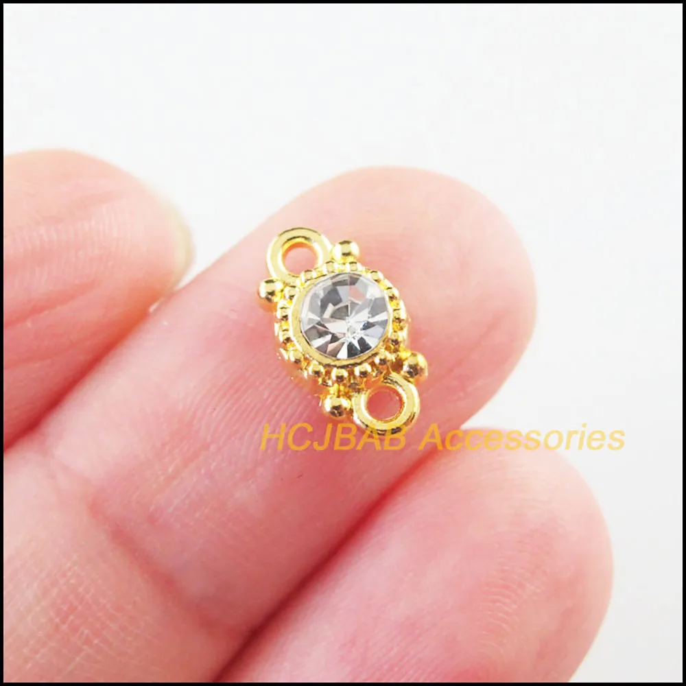 Fashion 30Pcs Retro Gold Color Tibetan Silver Plated Round Flower Clear Crystal Charms Connectors 6.5x11.5mm HCJBAB