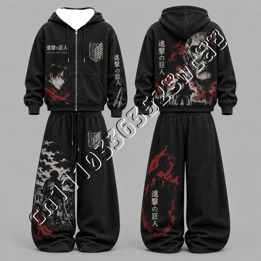 26/27 New Attack on Titan Zip Up Hoodie Set Autumn Winter Trendy Unisex Street Fashion 2 Piece Outfit FamilyMatching