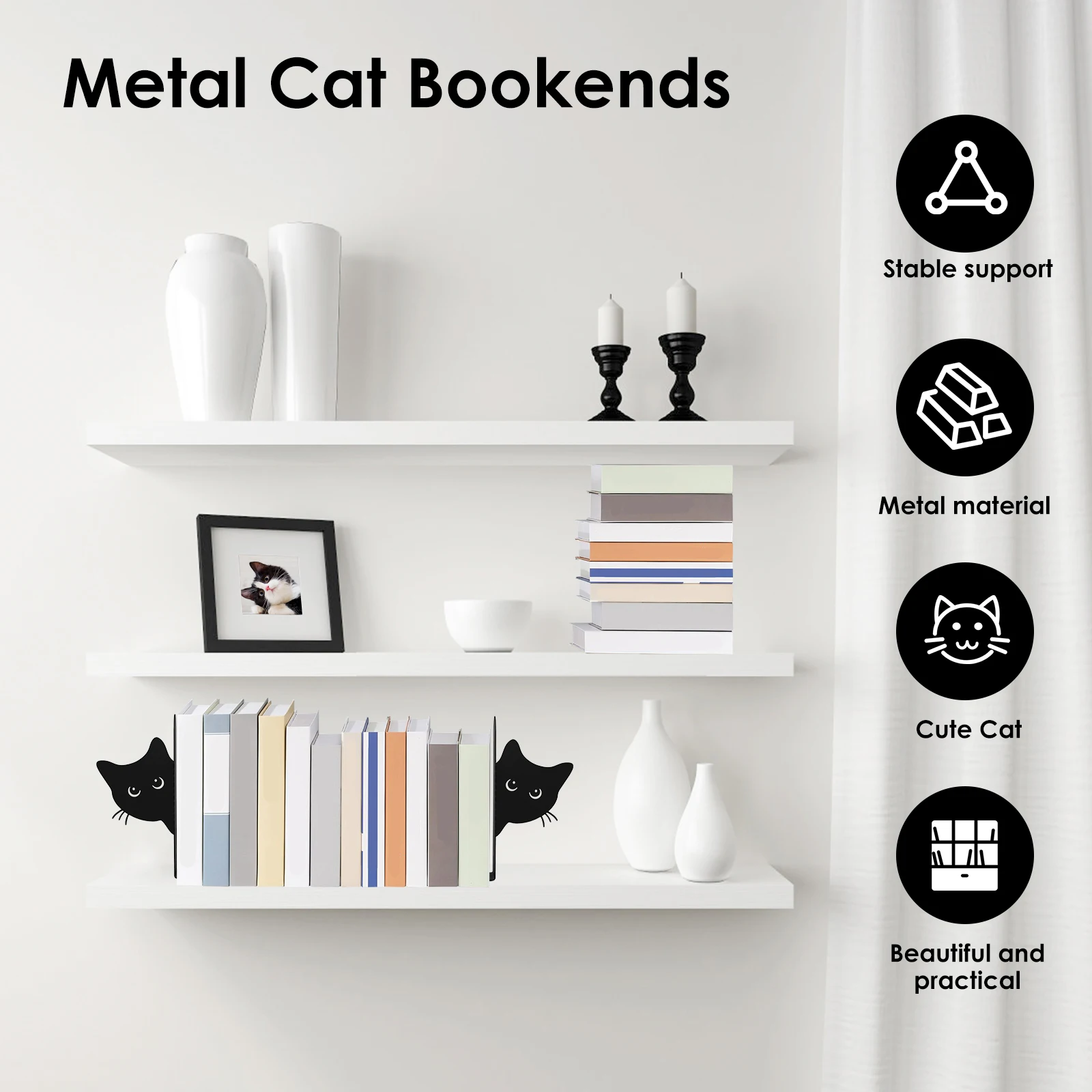 2Pcs Peeping Cat Shape Metal Bookends Decorative Desktop Book Ends Versatile Stable Base Bookshelf Bookends for Home Office