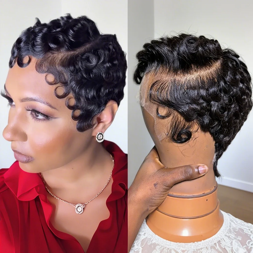 

13*4 Парики из натуральных волос на кружеве для стрижки пикси, вьющиеся парики, натуральный черный цвет, 99j, цвет для ежедневного использования, короткие многослойные парики с B