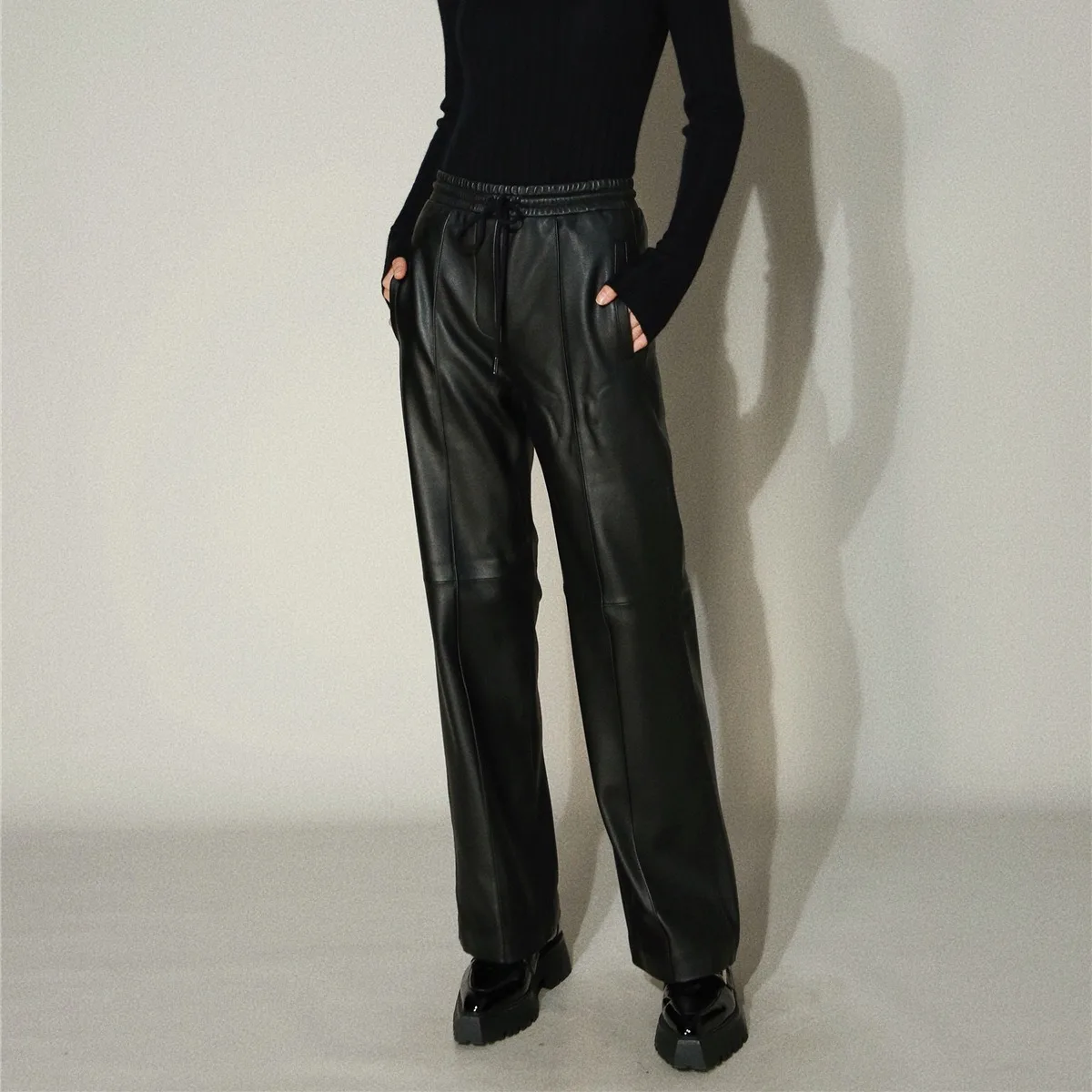 Tao Ting Li Na Genuine Leather Pants, Elastic Waist Drawstring Design, Slim Long Sheepskin Wide-leg Pants