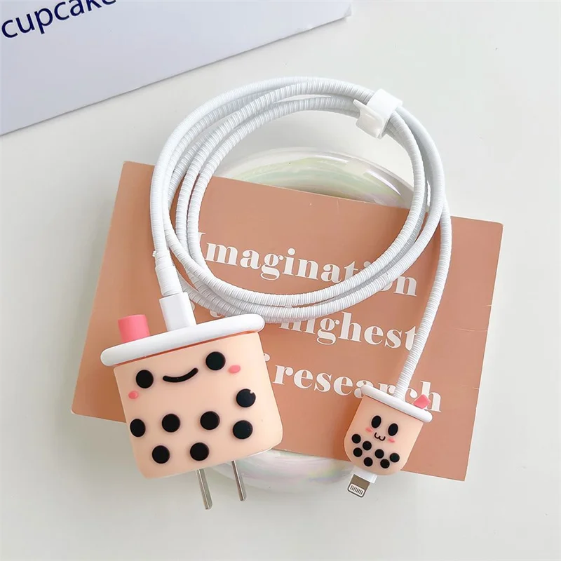 Cute Bubble Tea 3D Silicone USB Cable Protector Data Line Cord Cute Protective Soft Case For iPhone 18/20W Winder Organize