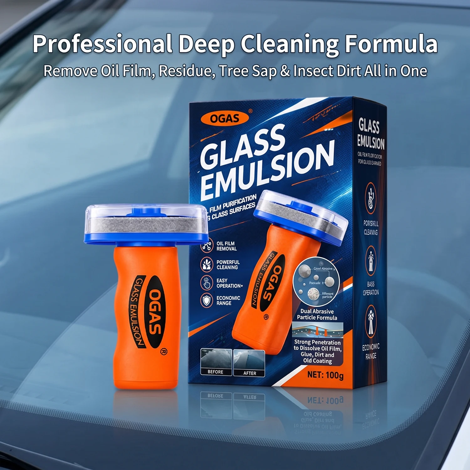 OGAS Gen 2 Upgraded Version Car Glass Oil Film Remover Paste with Felt Brush Deep Cleaning Agent Remove Dirt Bird Droppings