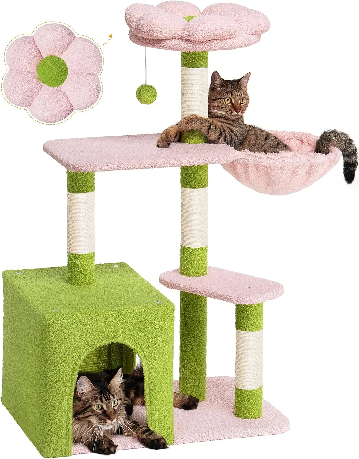 

Large Cat Tree with Scratching Posts, Cozy Cave Bed and Hammock for Indoor Cats, Green Pink Design