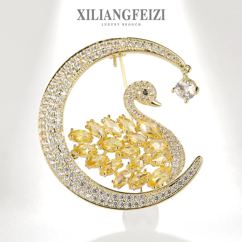 High-end Zircon Moon Swan Brooch Elegant Suit Coat Accessory Corsage Gift Pin