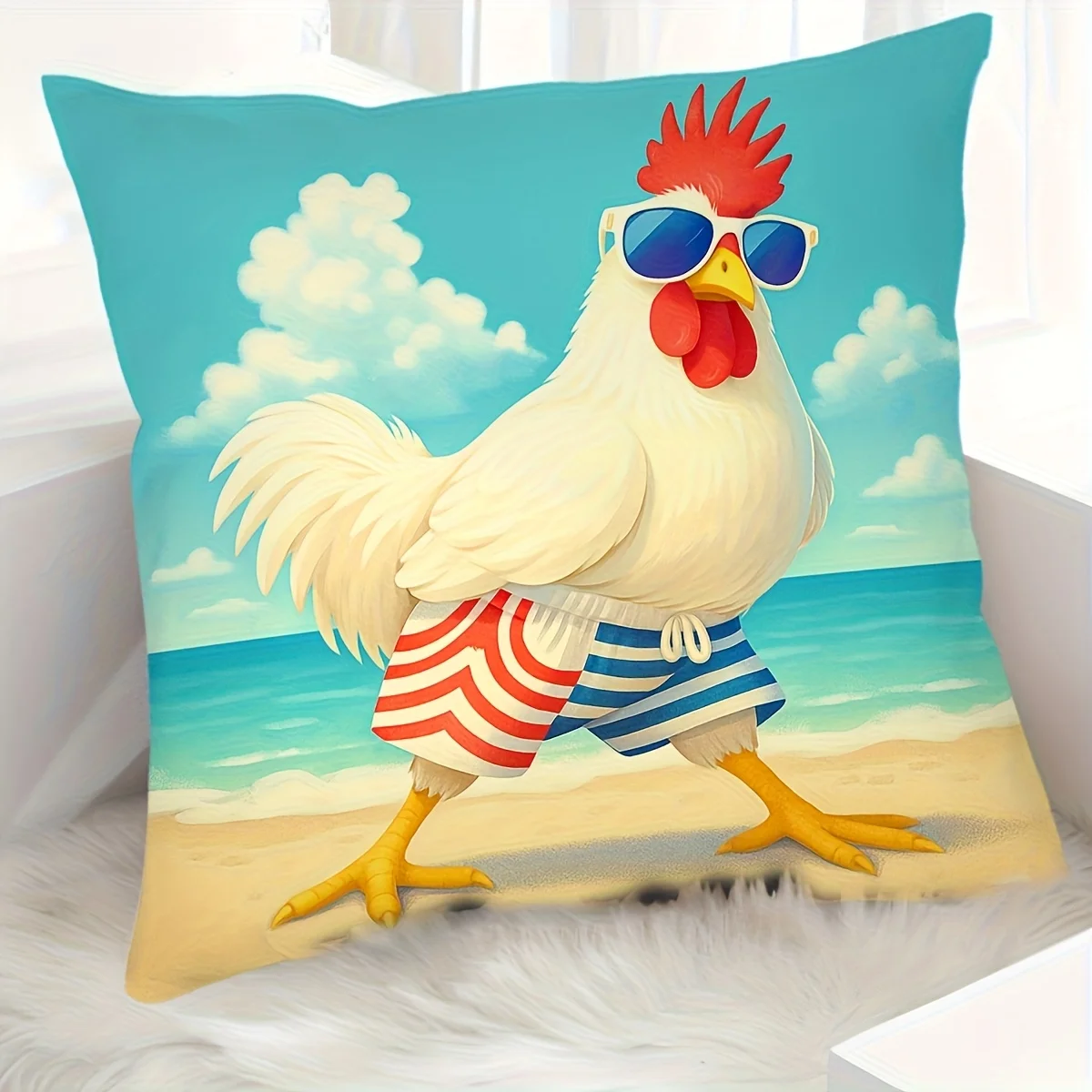 Fun Beach Cock Pillowcase Short Fleece Cushion Cover 18x 18 Inch Sunglasses Striped Shorts Sofa Bed Decoration