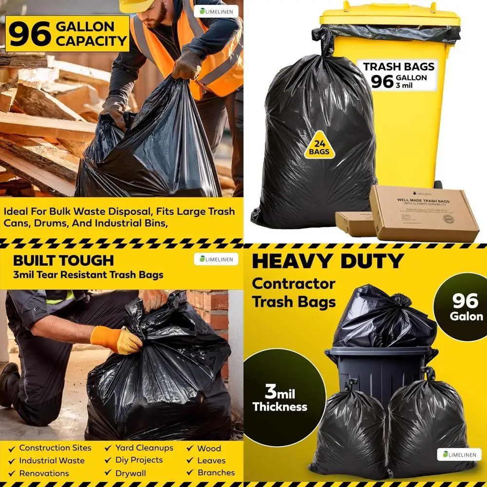 

Heavy-Duty 96-Gallon Contractor Bags for Industrial, Construction & Yard Waste, 24-Pack, Extra Thick 3 Mil, Ties Included