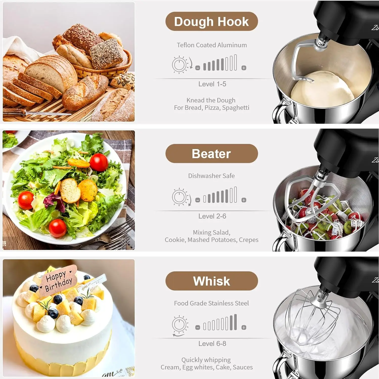 خلاط كهربائي للمطبخ ، 4.5 qt ، خلاط طعام بمحرك W ، خلاط عجين 8 + سرعة P مع خطاف عجين وسوط