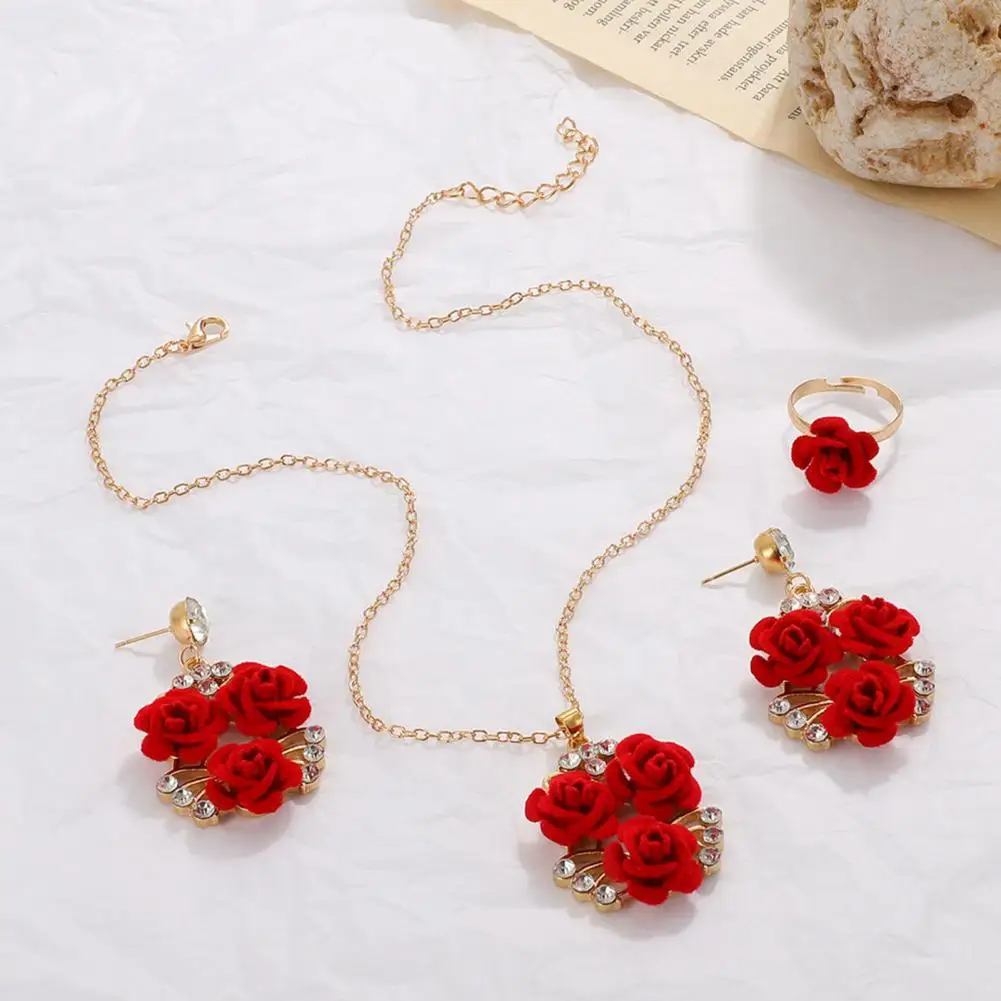 Red Rose Jewelry Set Open Design Ring Set Vintage Red Rose Wedding Jewelry Set Bridesmaids Rhinestone Necklace for Valentine's