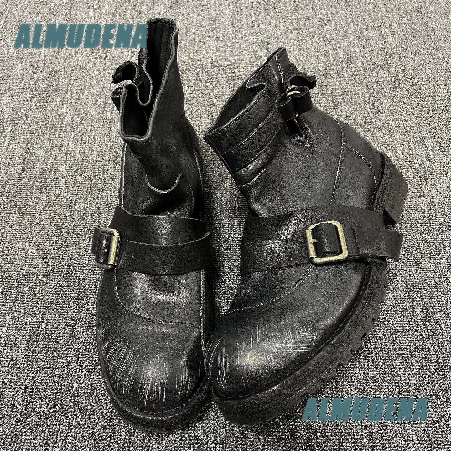 Vintage Distressed Leather Biker Ankle Boots Double Buckle Strap Side Zipper Round Toe Gothic Short Boots Autumn Men's Boots