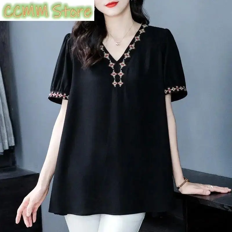 

Летняя тонкая футболка с народной вышивкой, винтажная элегантная женская одежда с v-образным вырезом, базовые свободные стильные пуловеры с короткими рукавами