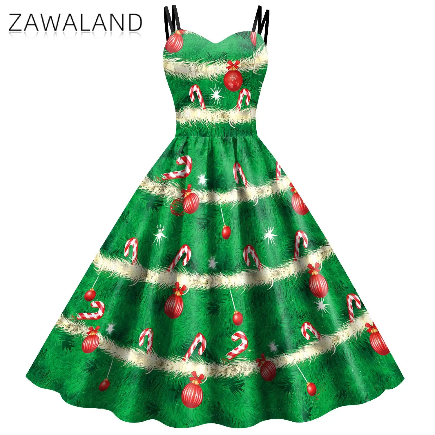 Zawaland Christmas Dress Suit Green Tree Cosplay Costume Printing Xmas Party Dress Women Leggings Carnival Fancy Wide Leg Pants