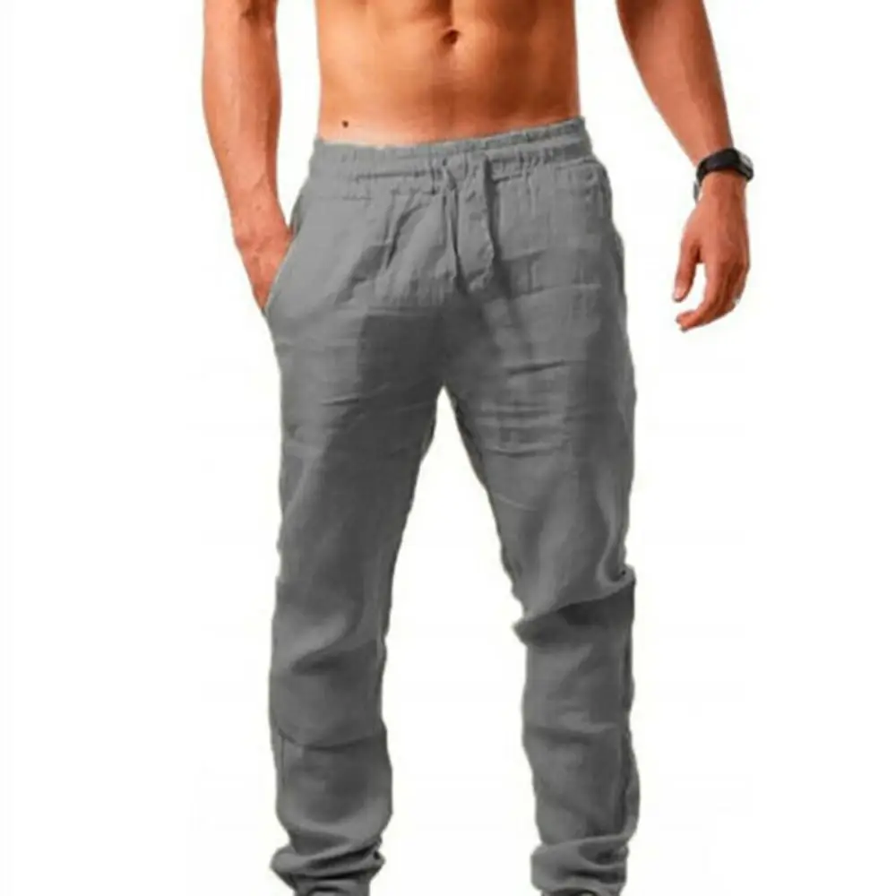 Calça de linho de algodão casual masculina, calça hippy e ioga de praia, respirável de cor sólida, Fitness Streetw, 2023